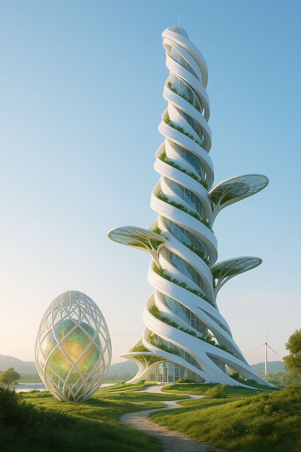 Futuristische, spiralförmige Architektur nach Fibonacci-Prinzip, mit begrünten Terrassen und einem leuchtenden Energie-Ei im Morgenlicht.